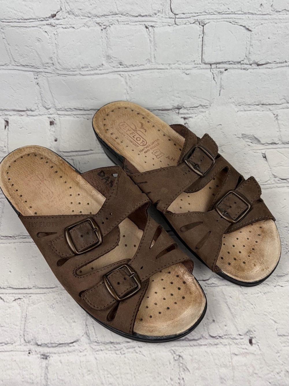 Fly Flot Dana Leather Sandals Size 38Brown Double Buckle Slide Comfort Italy
